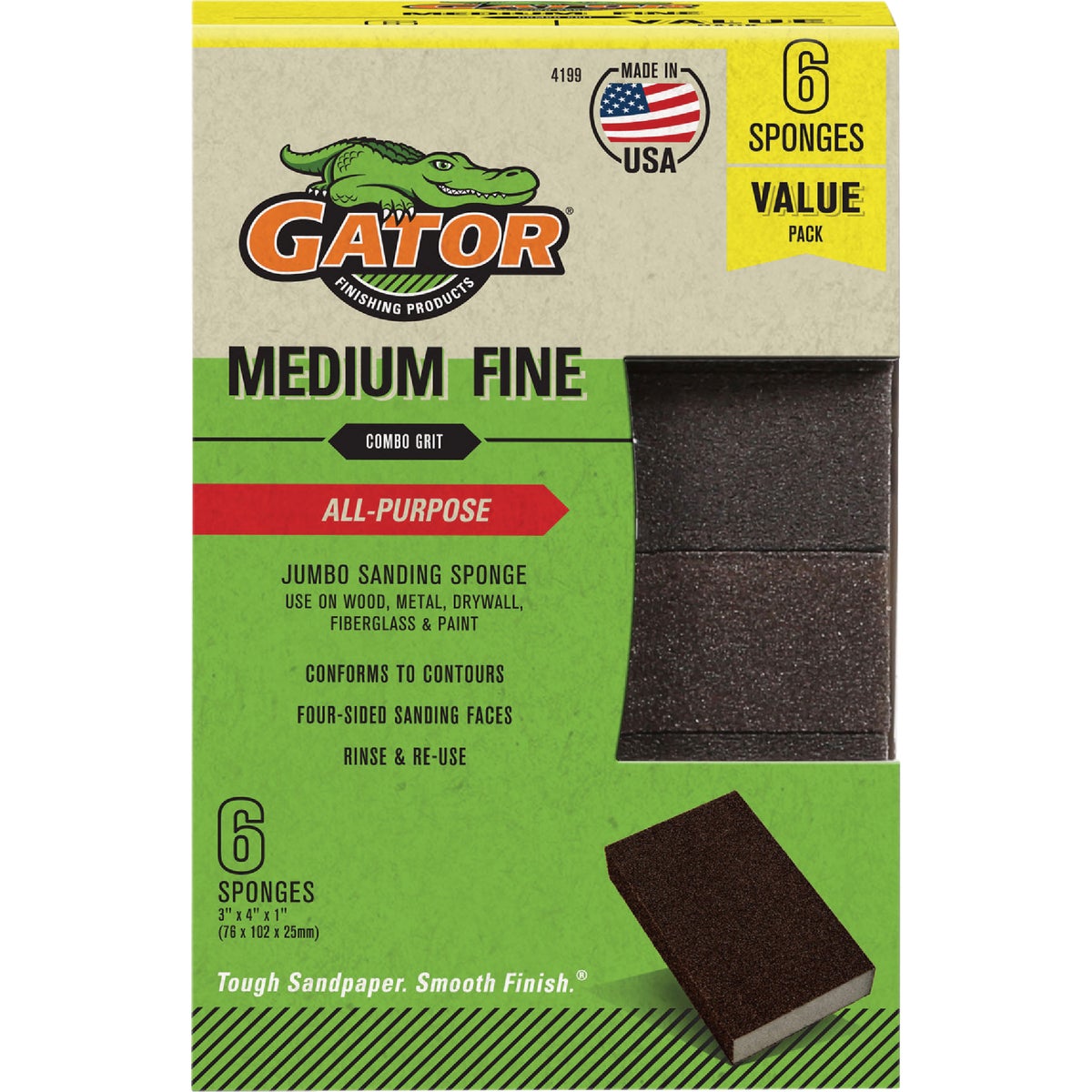 Gator 3 In. x 4 In. Fine/Medium Sanding Sponge (6-Pack)