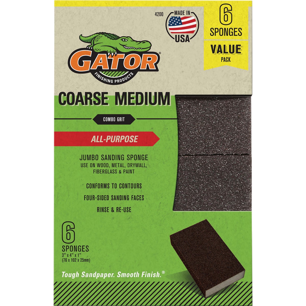 Gator 3 In. x 4 In. Medium/Coarse Sanding Sponge (6-Pack)