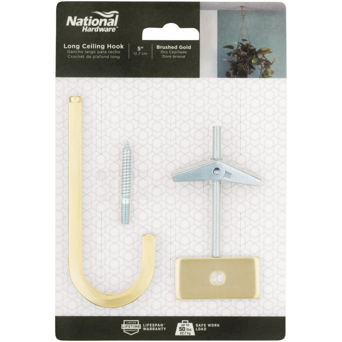 National Hardware 5 In. Brushed Gold Steel Long Ceiling Plant Hook Image 3