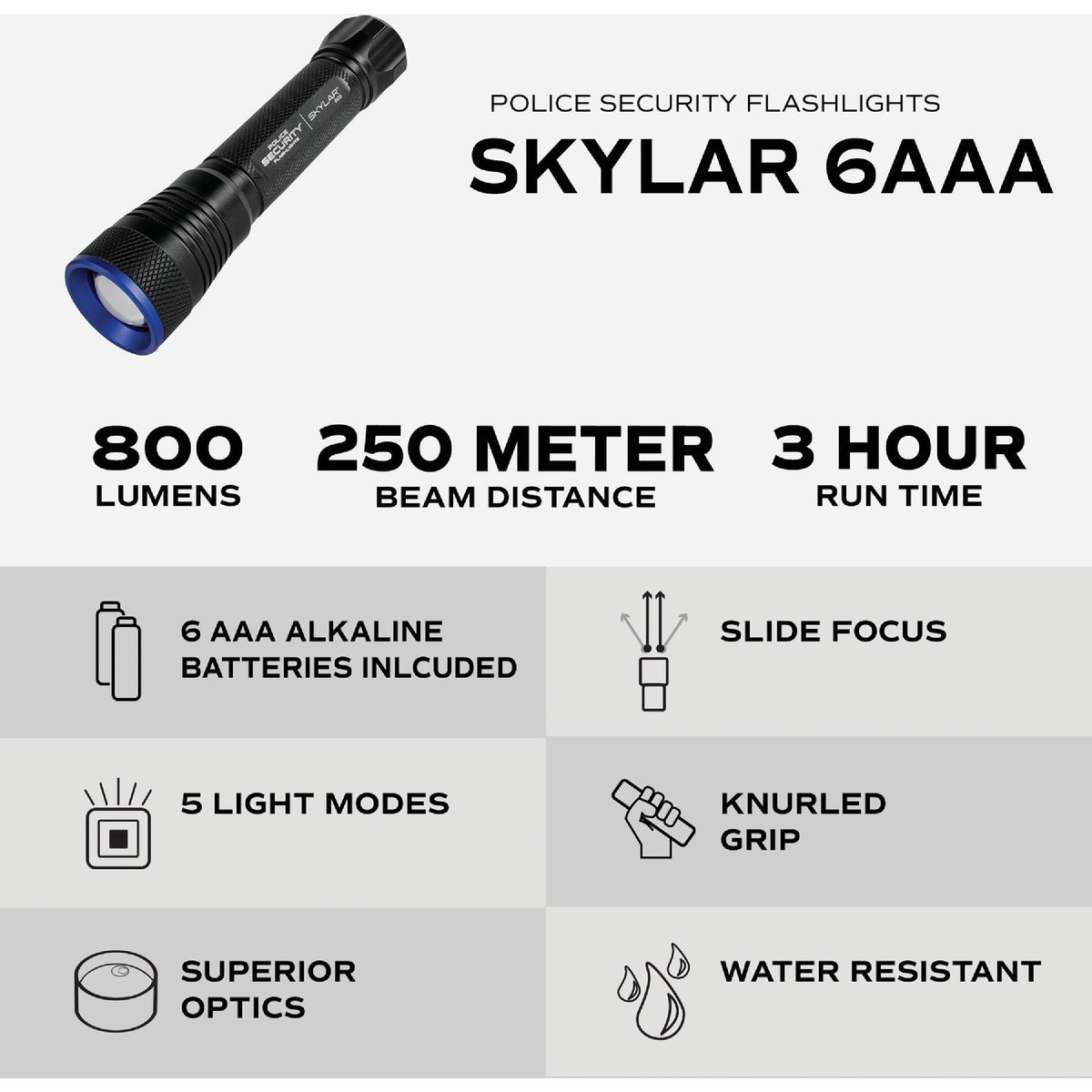 Police Security Skylar 6AAA 1000 Lm. Focusing Industrial LED Flashlight Image 2