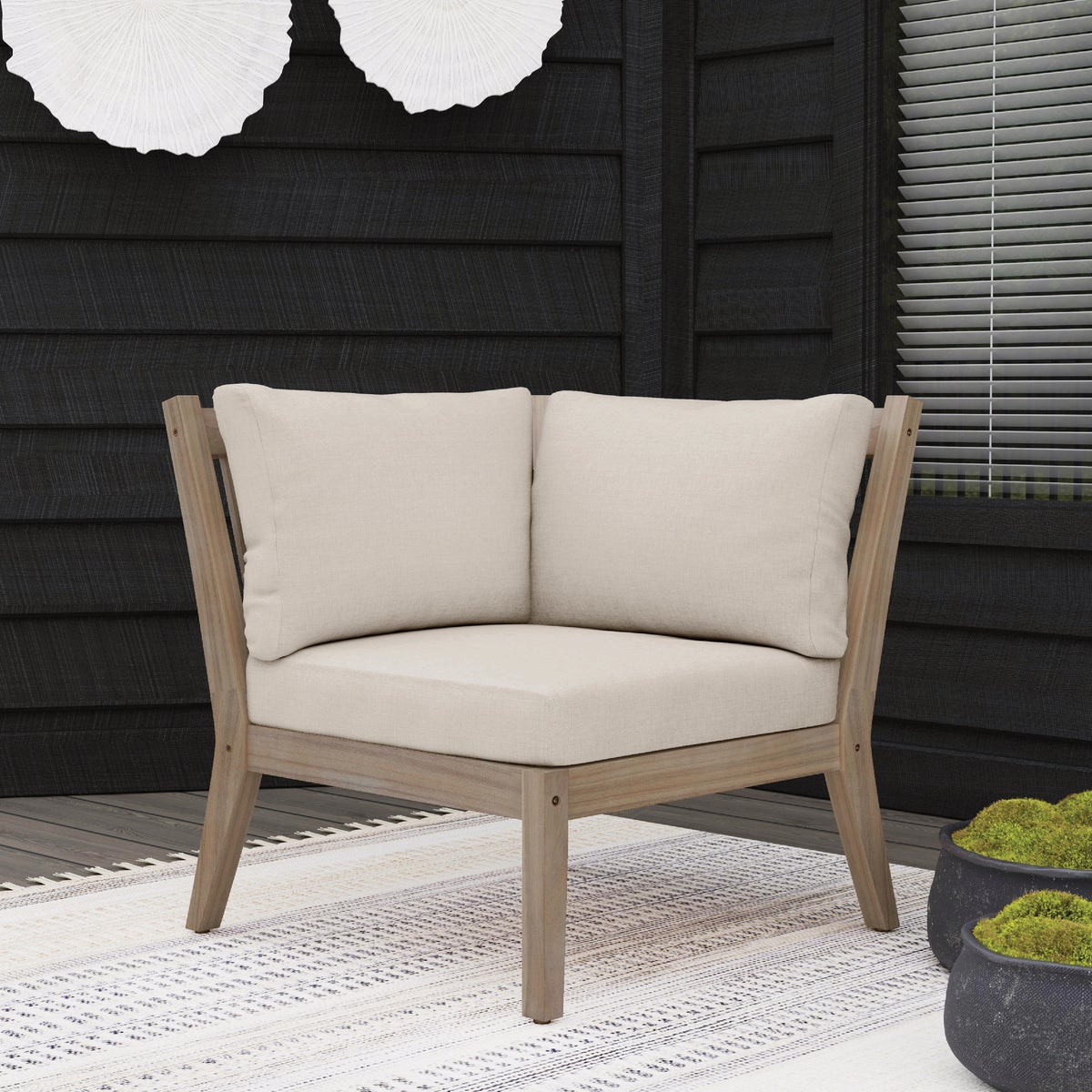 Linon Svana Natural Finish Wood Corner Chair with Beige Cushions Image 3