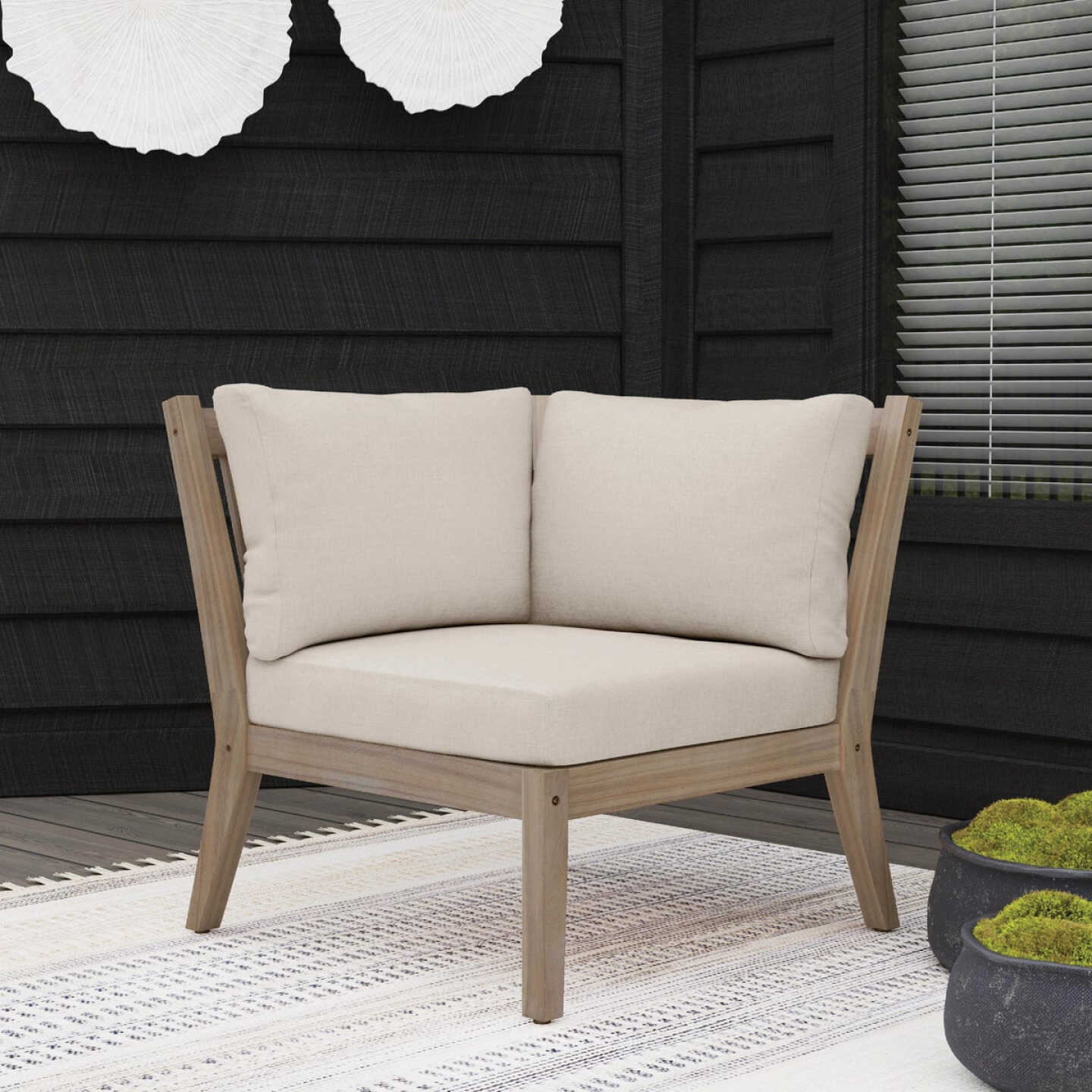 Linon Svana Natural Finish Wood Corner Chair with Beige Cushions Image 3