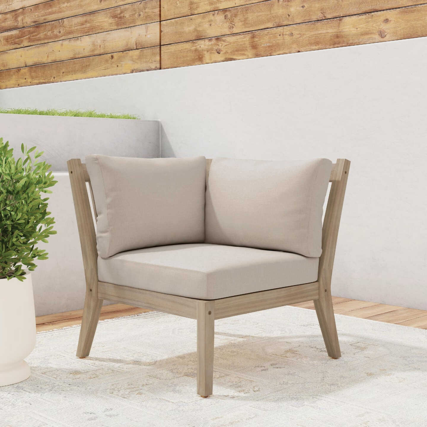 Linon Svana Natural Finish Wood Corner Chair with Beige Cushions Image 4
