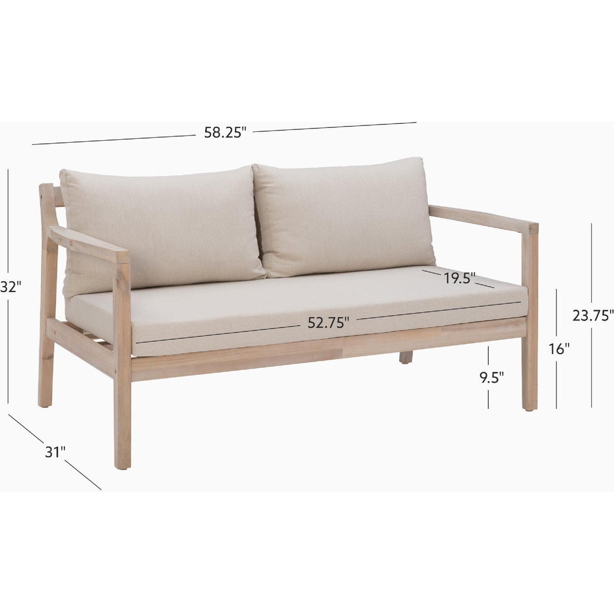 Linon Svana 58.25 In. W. x 31 In. D. Natural Finish Wood Sofa with Beige Cushions Image 2