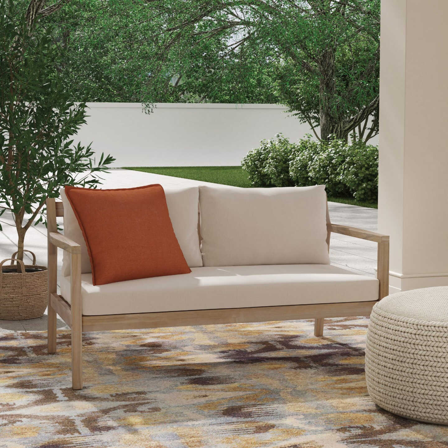 Linon Svana 58.25 In. W. x 31 In. D. Natural Finish Wood Sofa with Beige Cushions Image 4
