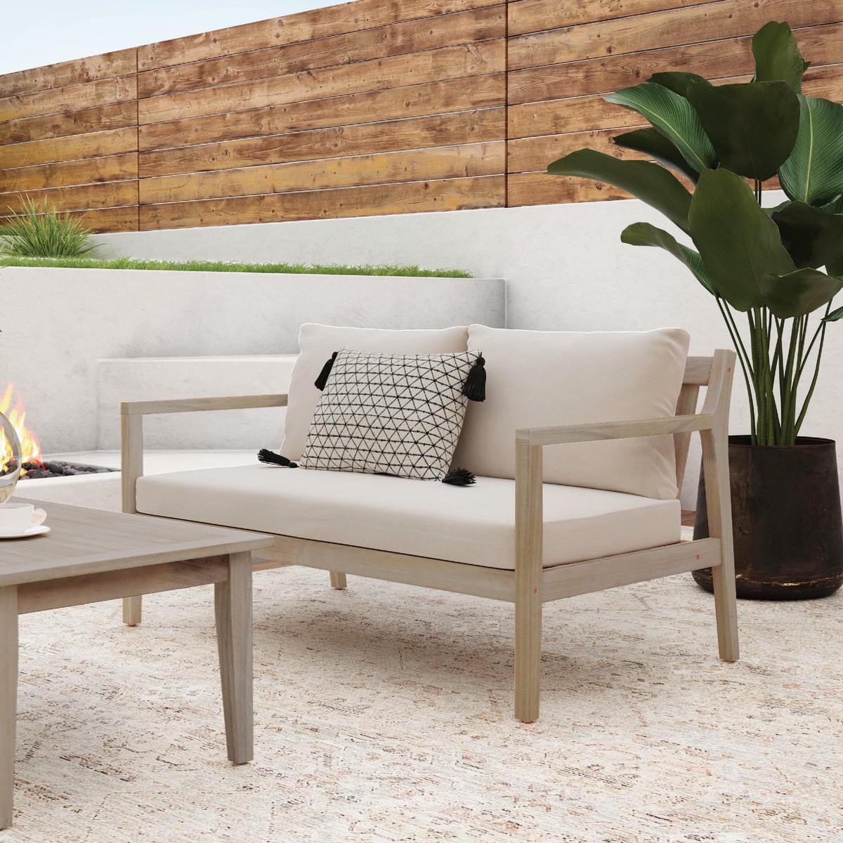 Linon Svana 58.25 In. W. x 31 In. D. Natural Finish Wood Sofa with Beige Cushions Image 5