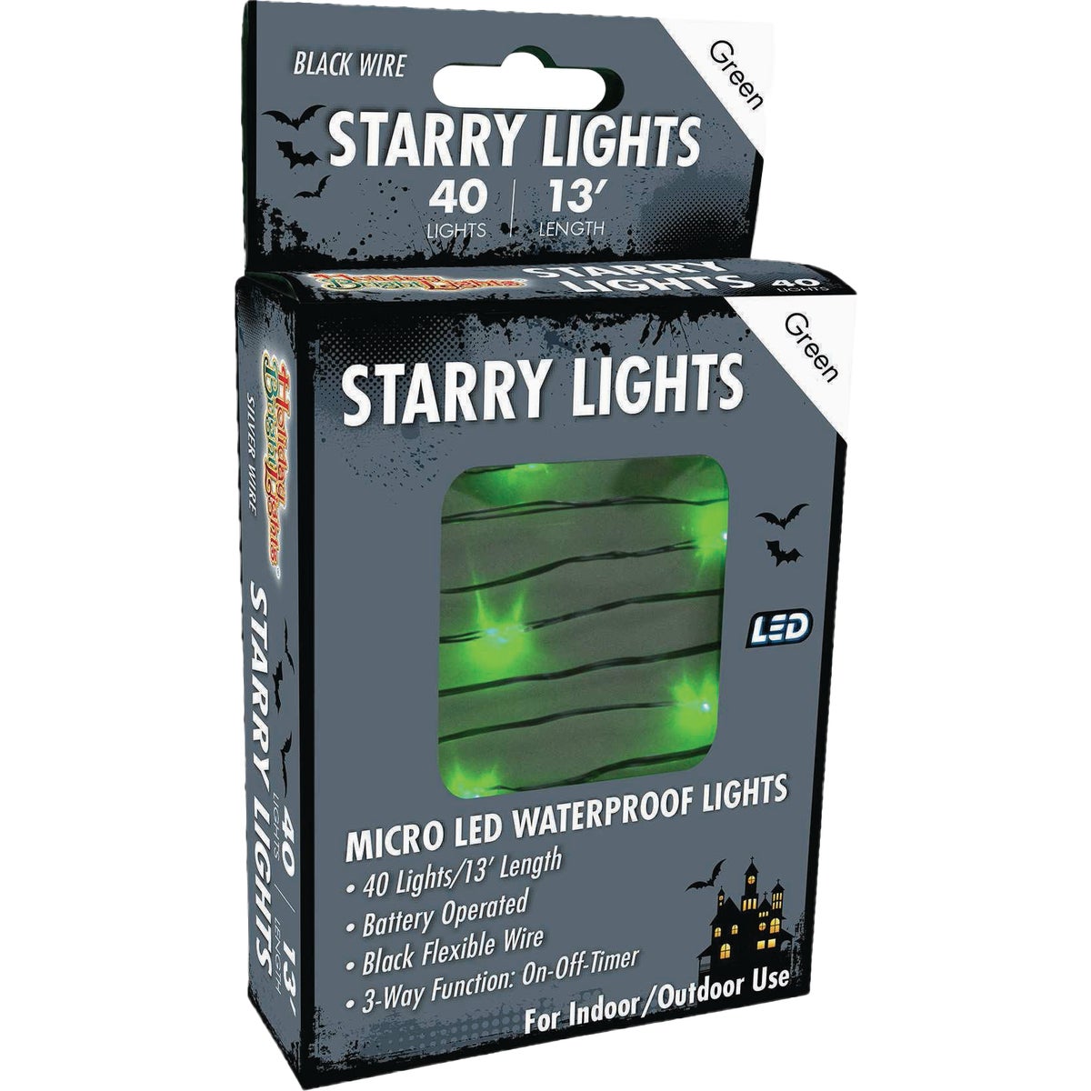 Holiday Bright Lights 40-Bulb Micro LED Green Battery Operated String Light Set with Black Wire Image 1