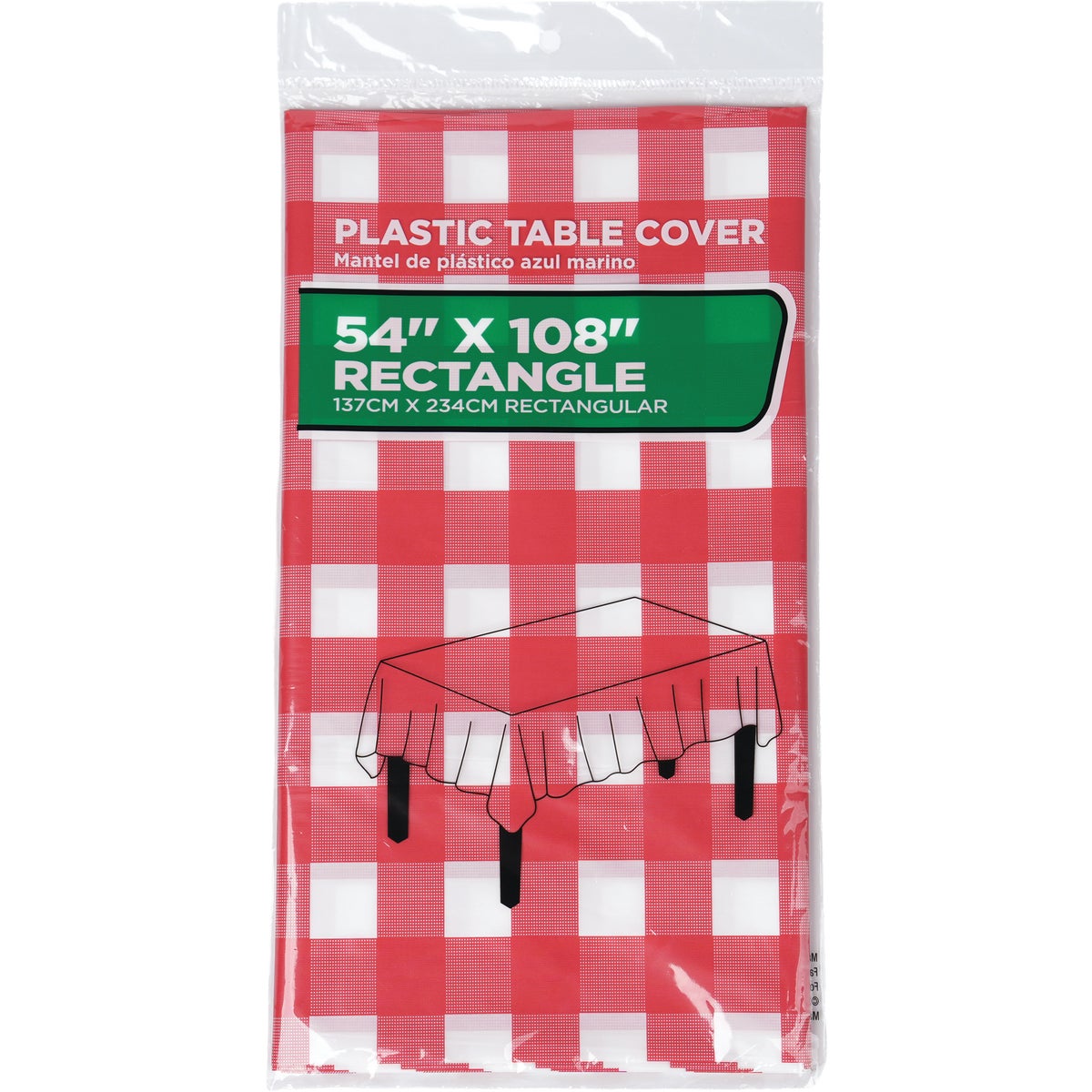 54 In. x 108 In. Red & White Gingham Rectangular Plastic Table Cover