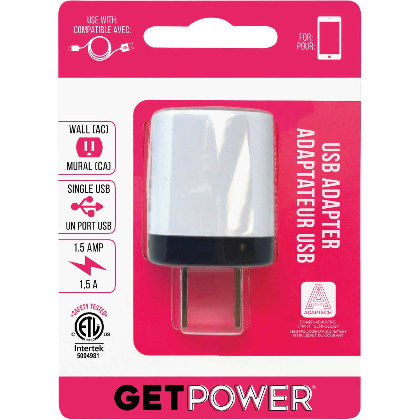 GetPower Single USB to AC White Wall Adapter Charger Image 1